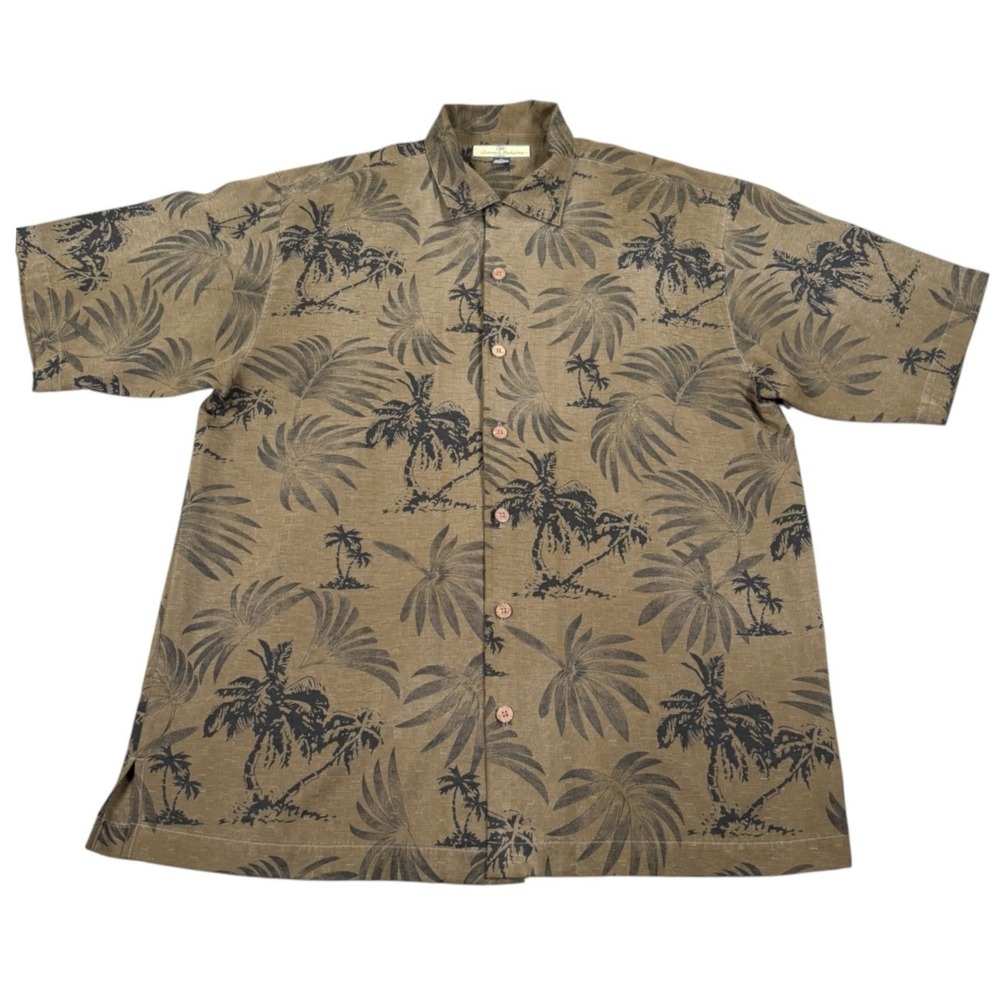 Tommy Bahama Mens Medium Silk Hawaiian Shirt Brown Palm Tree Tropical Aloha